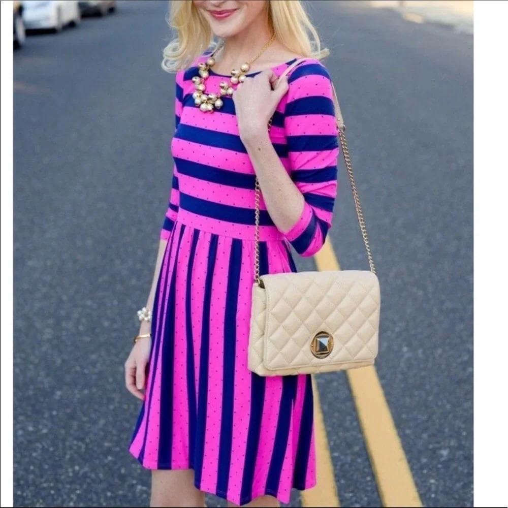 Lilly Pulitzer Evelyn Stripe Sun Dress Polka Dots Pink Navy Blue Summer